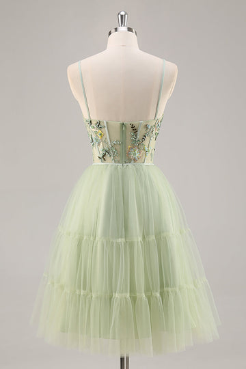 Sparkly Green Floral Tulle Corset A Line Midi Cocktail Dress